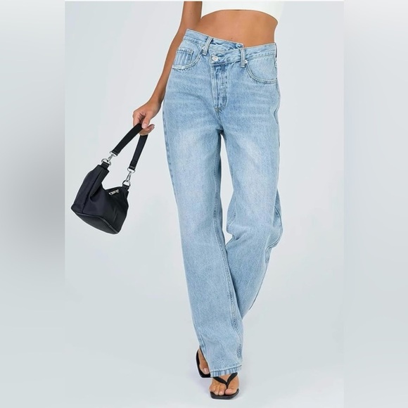 Low Waisted Jeans Trendy Straight Leg Boyfriend Asymmetrical Denim Pants💙SZ 8 - Picture 2 of 12